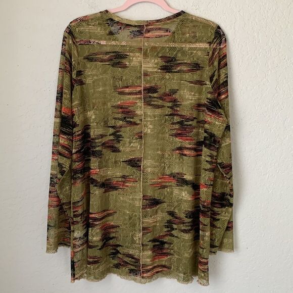 Logo Loyers Lori Goldshtein Olive Green Abstract Print Mesh Blouse Size 2X - Picture 2 of 8